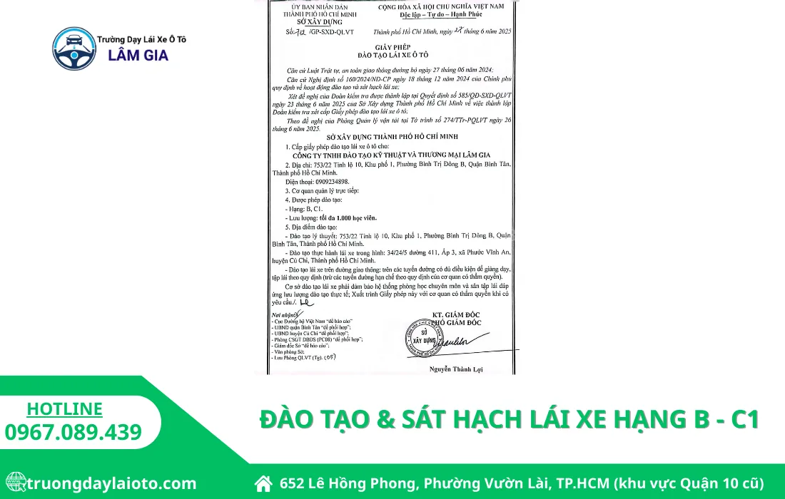 chứng nhận tuyển sinh đào tạo và sát hạch các hạng bằng B - C1
