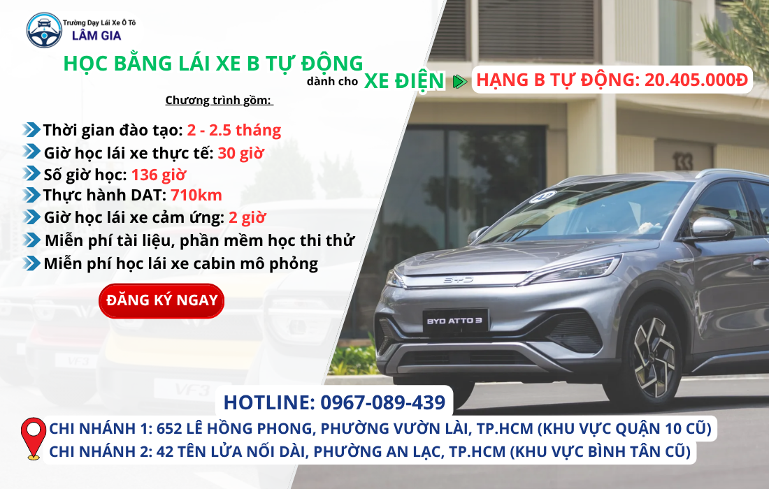 học bằng lái xe b tự động dành cho xe ô tô điện tại trường dạy lái ô tô lâm gia - học phí 20.405.000đ